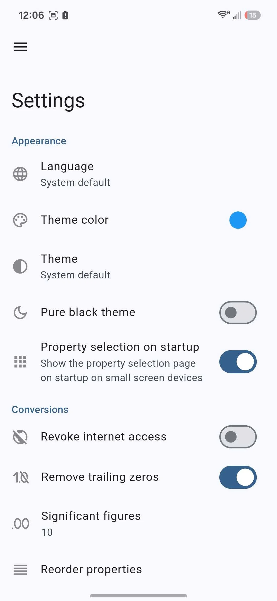 The Settings page of the Converter NOW Android app.