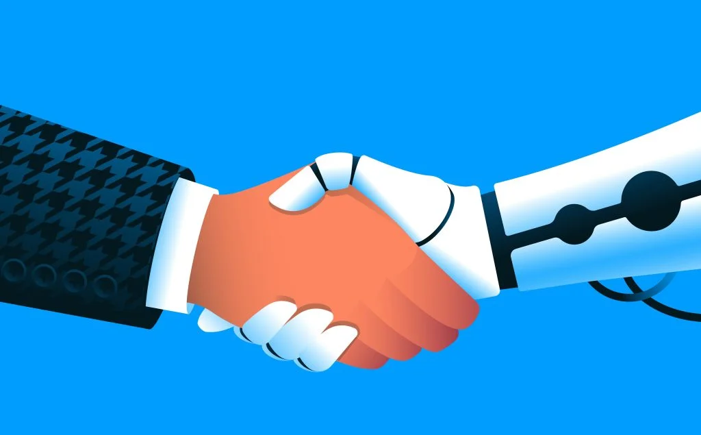 Illustration of a human hand in a business suit shaking hands with a white robotic hand, set against a blue background.