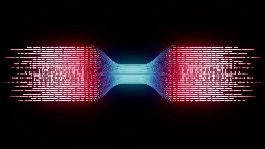 Abstract digital artwork of a constrained data stream on a dark background, representing software pipeline security.