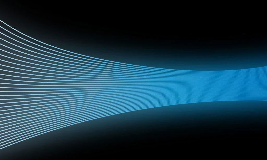 Parallel blue lines curve and converge across a dark gradient background.