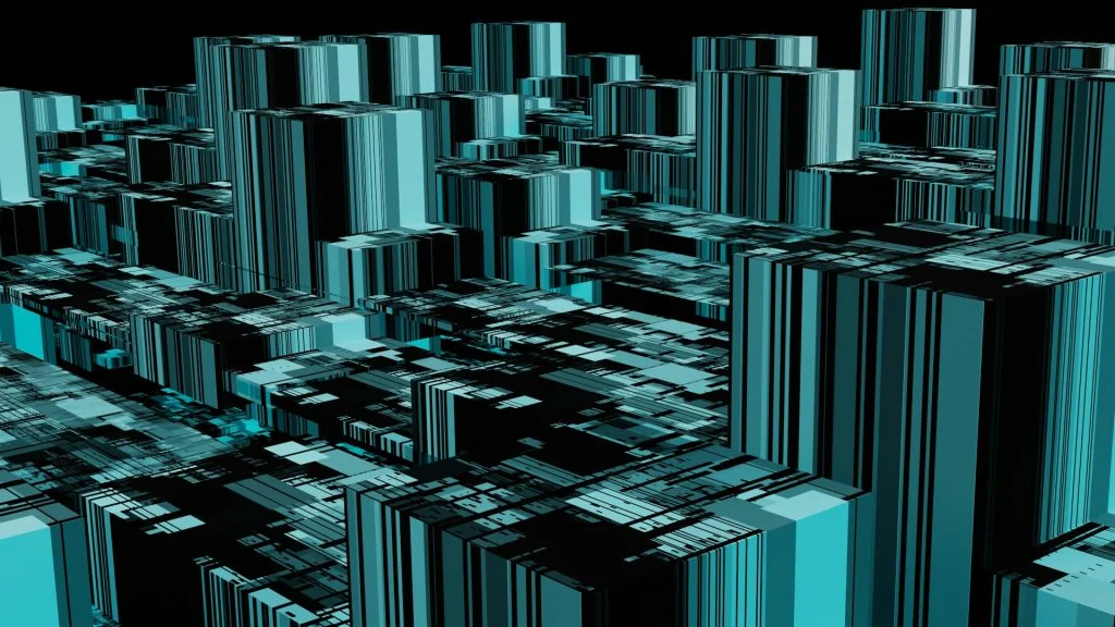 Abstract 3D digital visualization of dark cyan and black geometric blocks, representing AI agent context and software architecture.