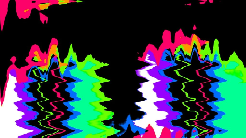 Abstract digital glitch art with neon pink, green, blue, purple, and white wavy distorted lines on a black background.