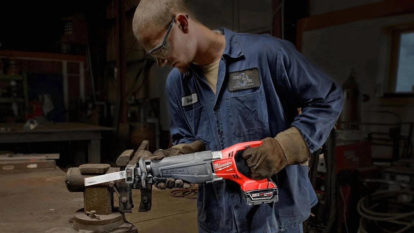 Image of a Milwaukee Sawzall being used in a welding shop
