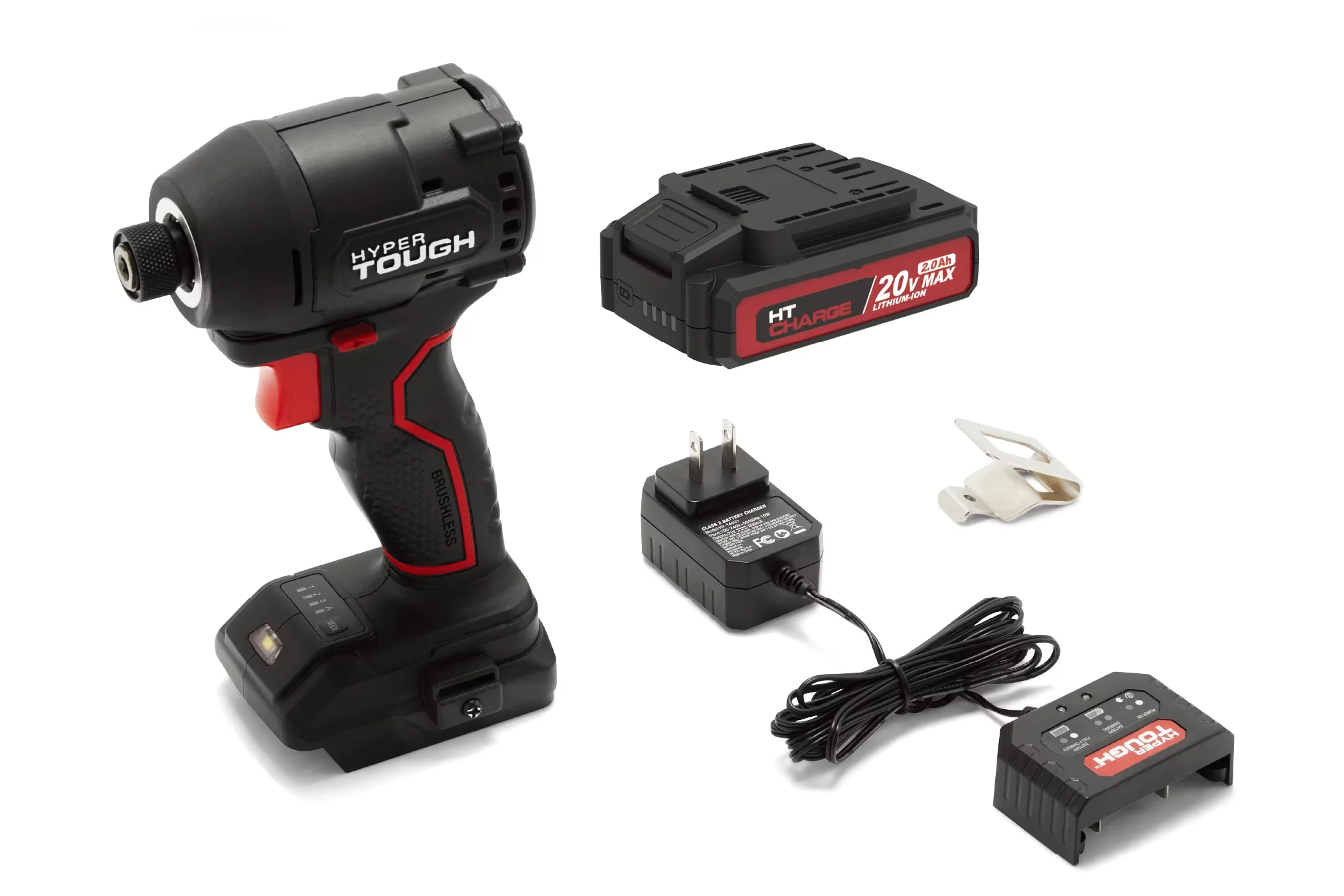 Hyper Tough's hydraulic impact driver bundle components including clip, battery, and charger.