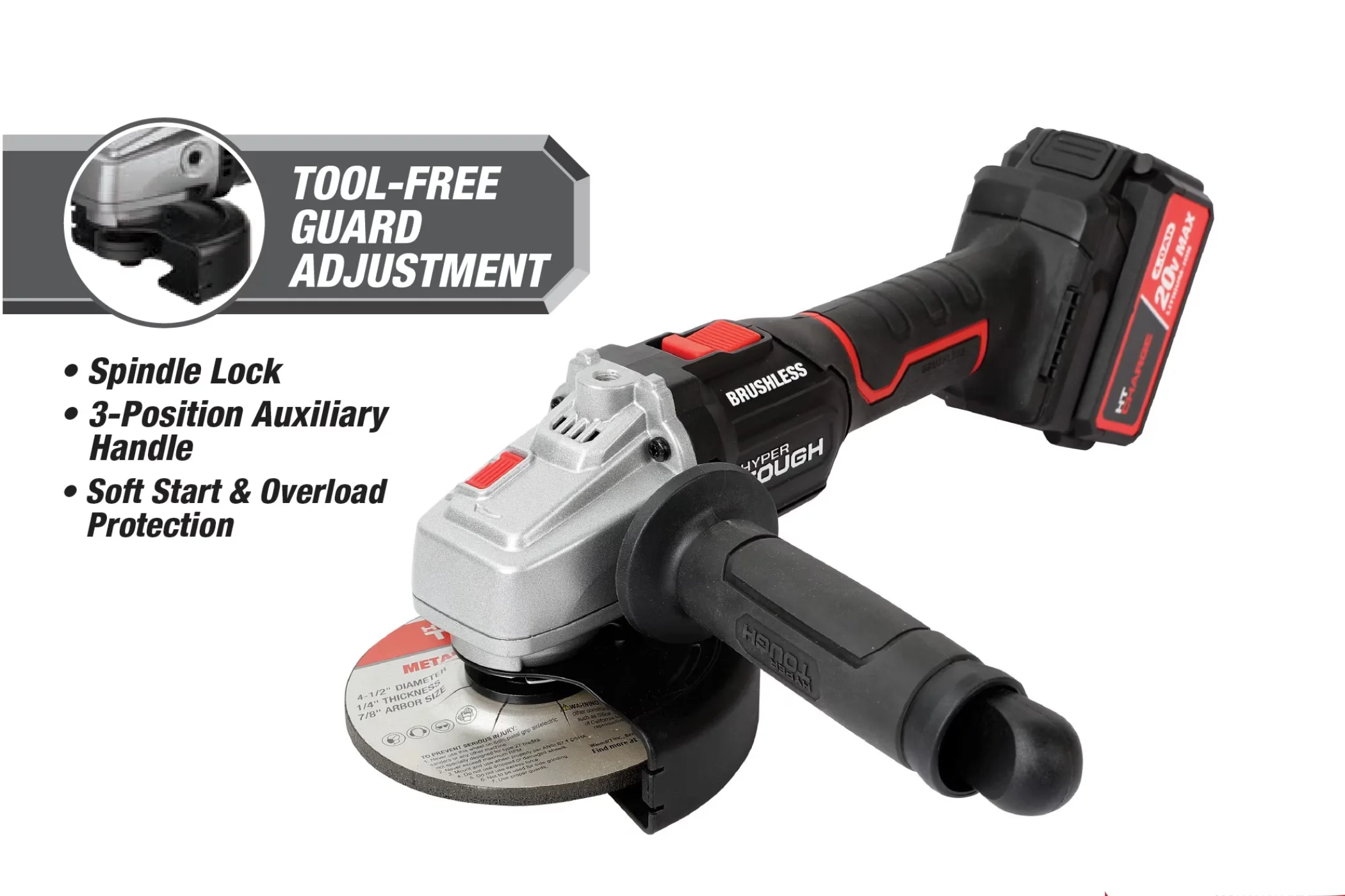 Information about the Hyper Tough cordless angle grinder's tool-free guard adjustment.