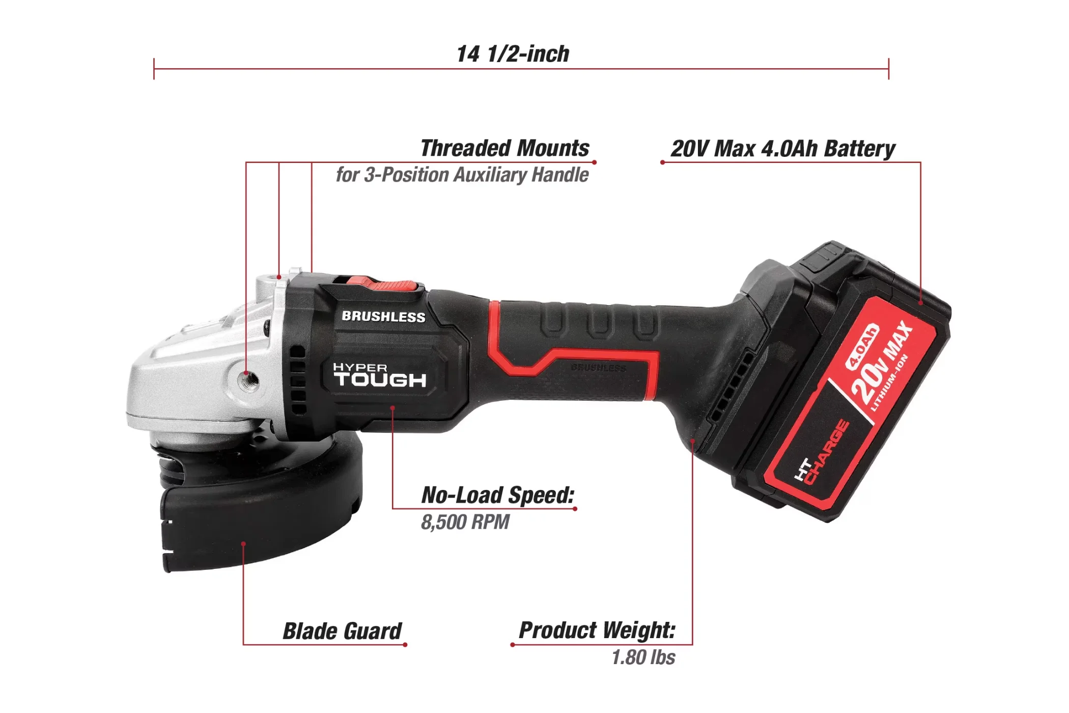 The details of the Hyper Tough angle grinder including length weight and more.