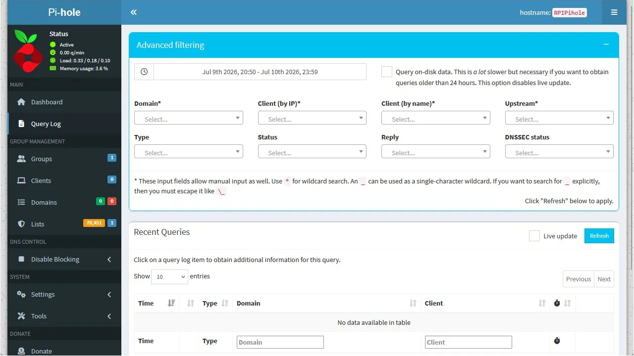 The advanced filtering options for a DNS Log.
