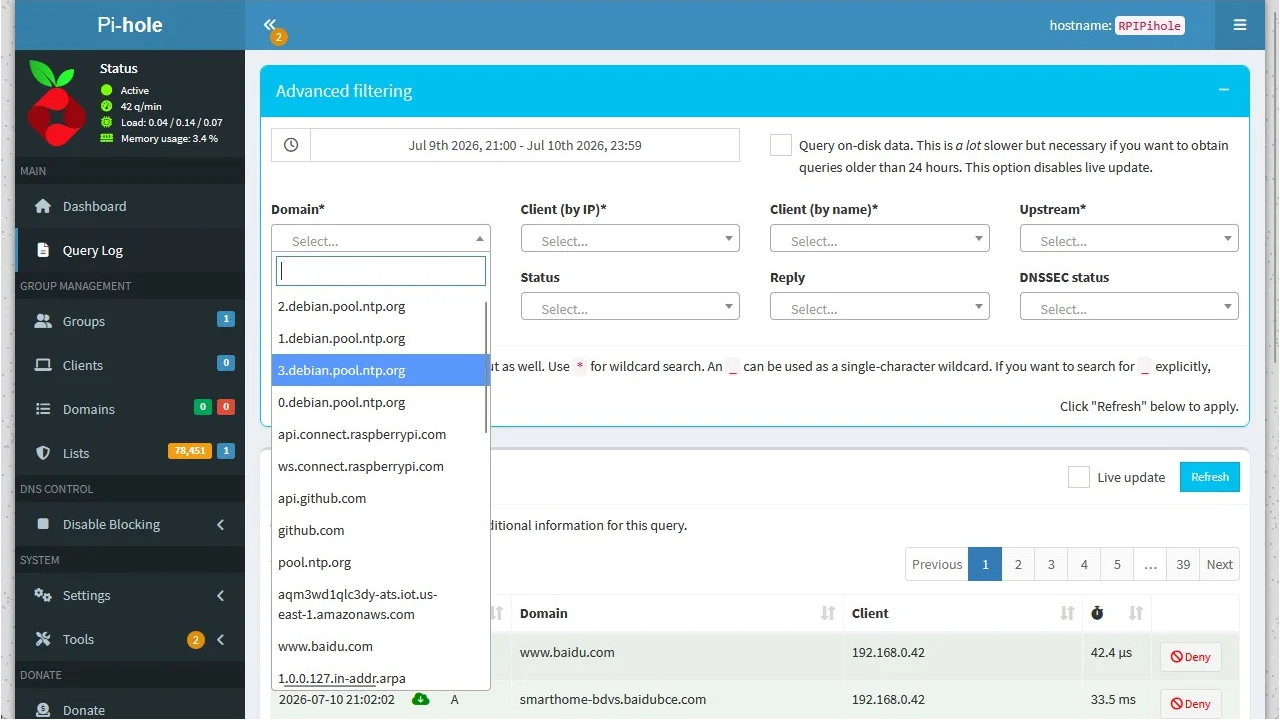 Filtering DNS logs by domain.