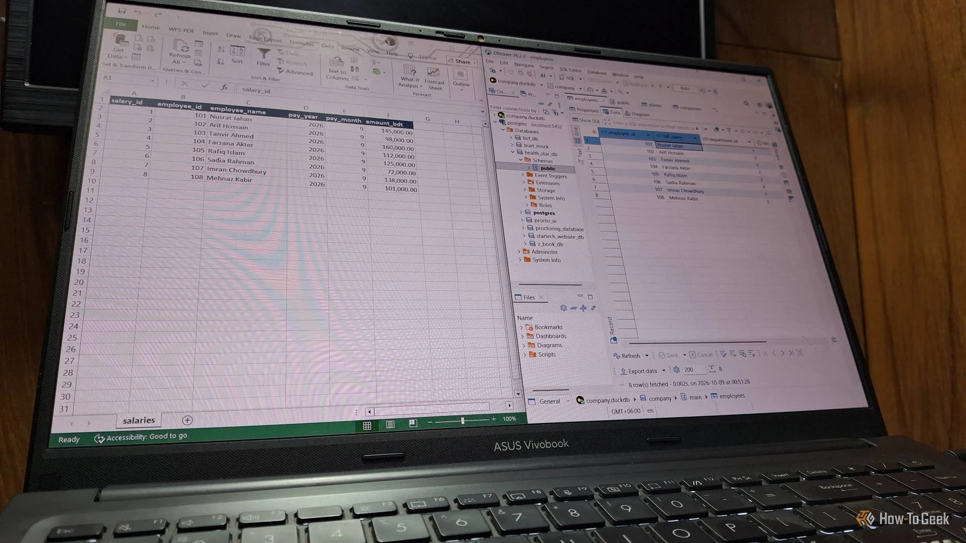 Excel and DBeaver opened side by side displaying employee data.
