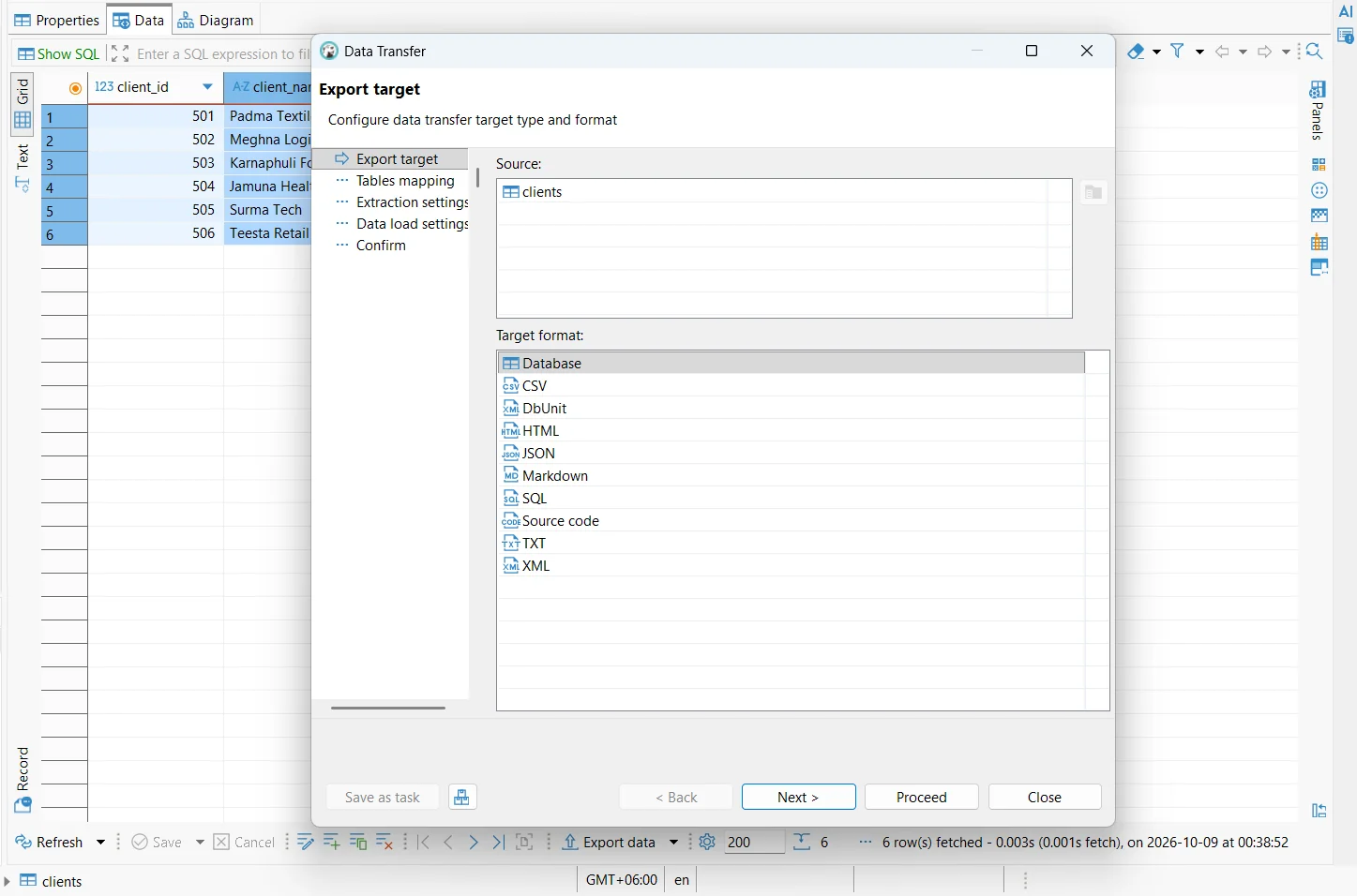 Exporting data from DBeaver showing the supported file types in the Community Edition.