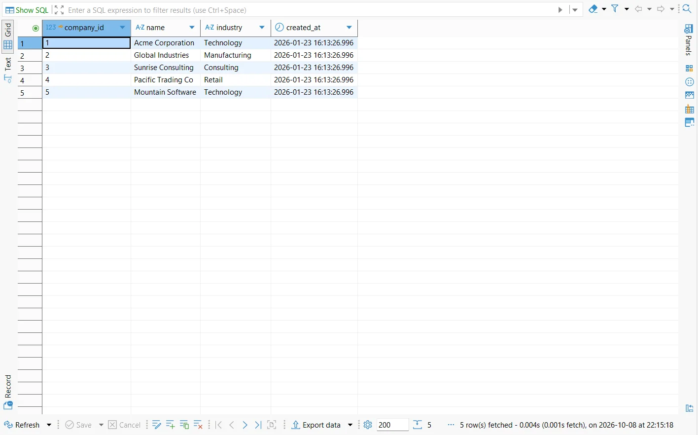 DBeaver table interface which looks similar to a spreadsheet in 