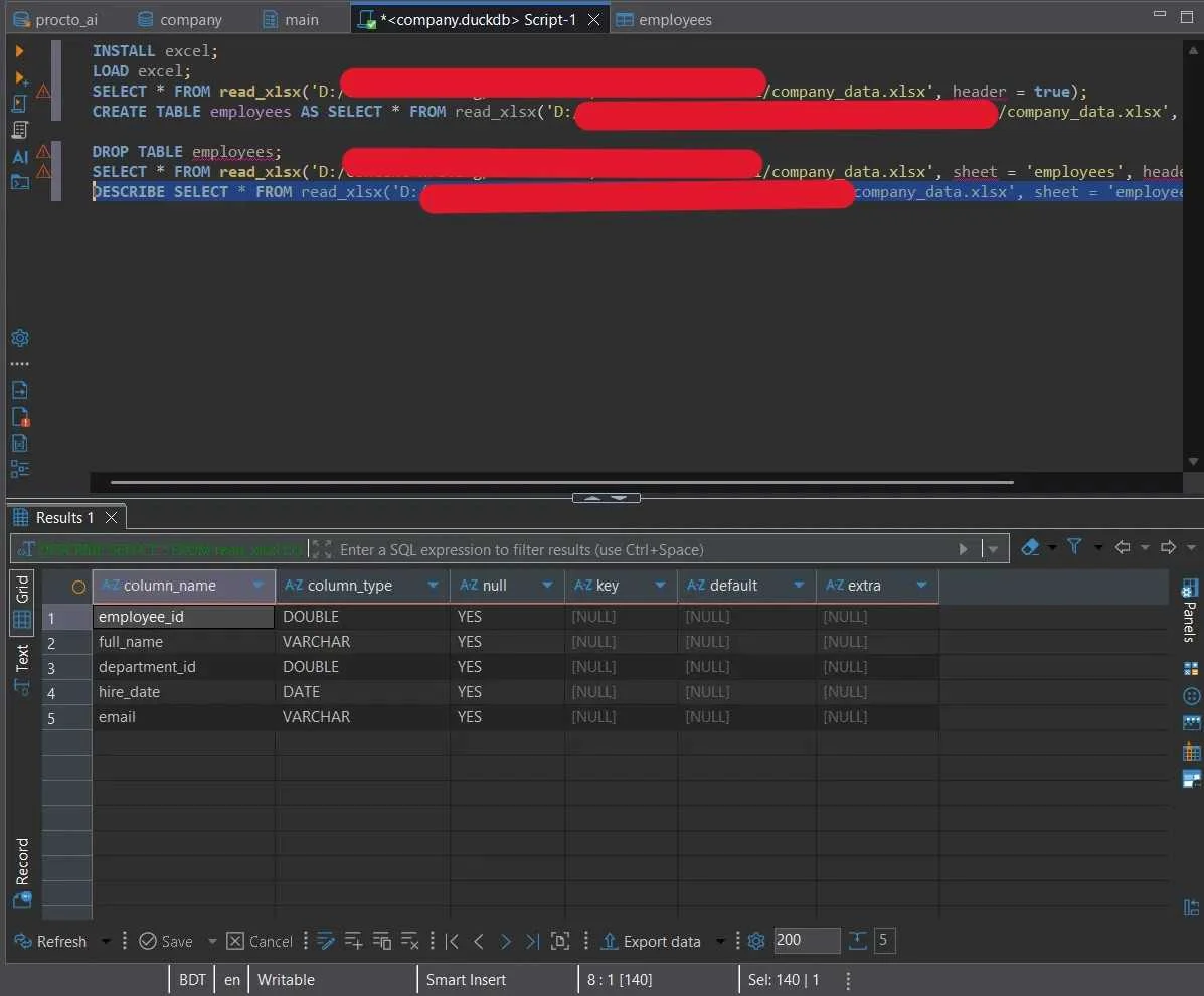 DESCRIBE result showing DATE and DOUBLE types.