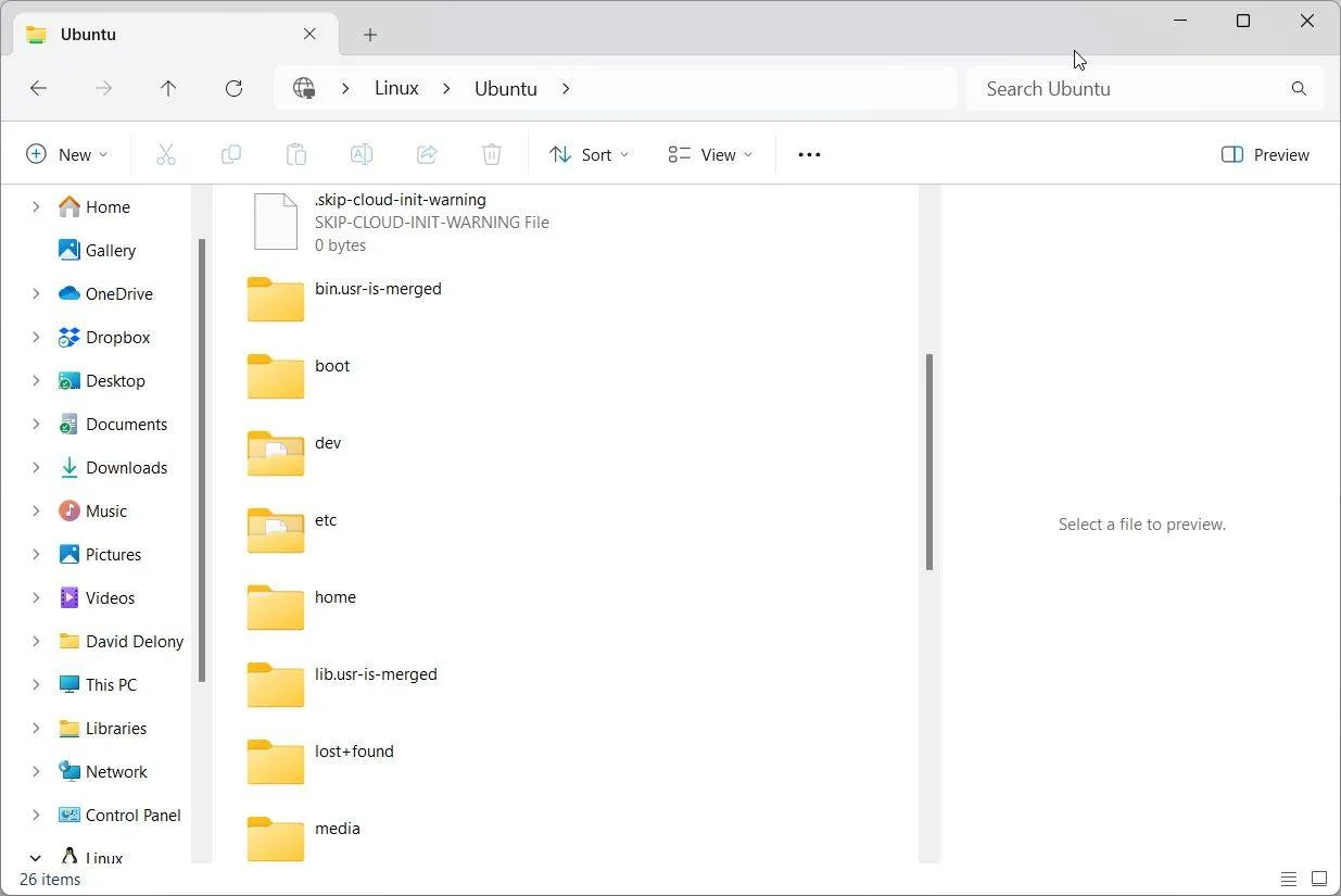 The Ubuntu WSL root directory in Windows Explorer is open.