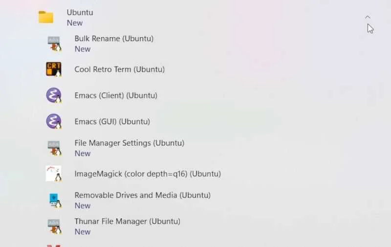 The Ubuntu WSL GUI in Windows 11 Start menu.