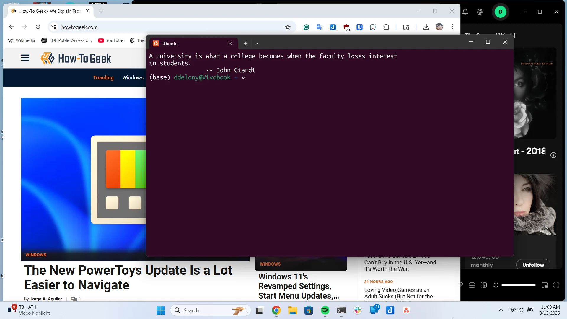 The Windows desktop with Chrome, Spotify, and WSL Linux terminal window visible.