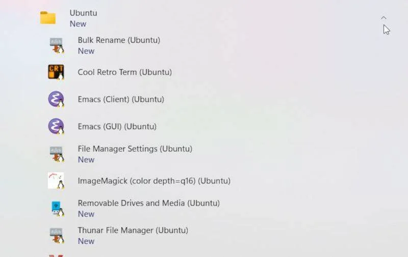 The Ubuntu WSL GUI in Windows 11 Start menu.
