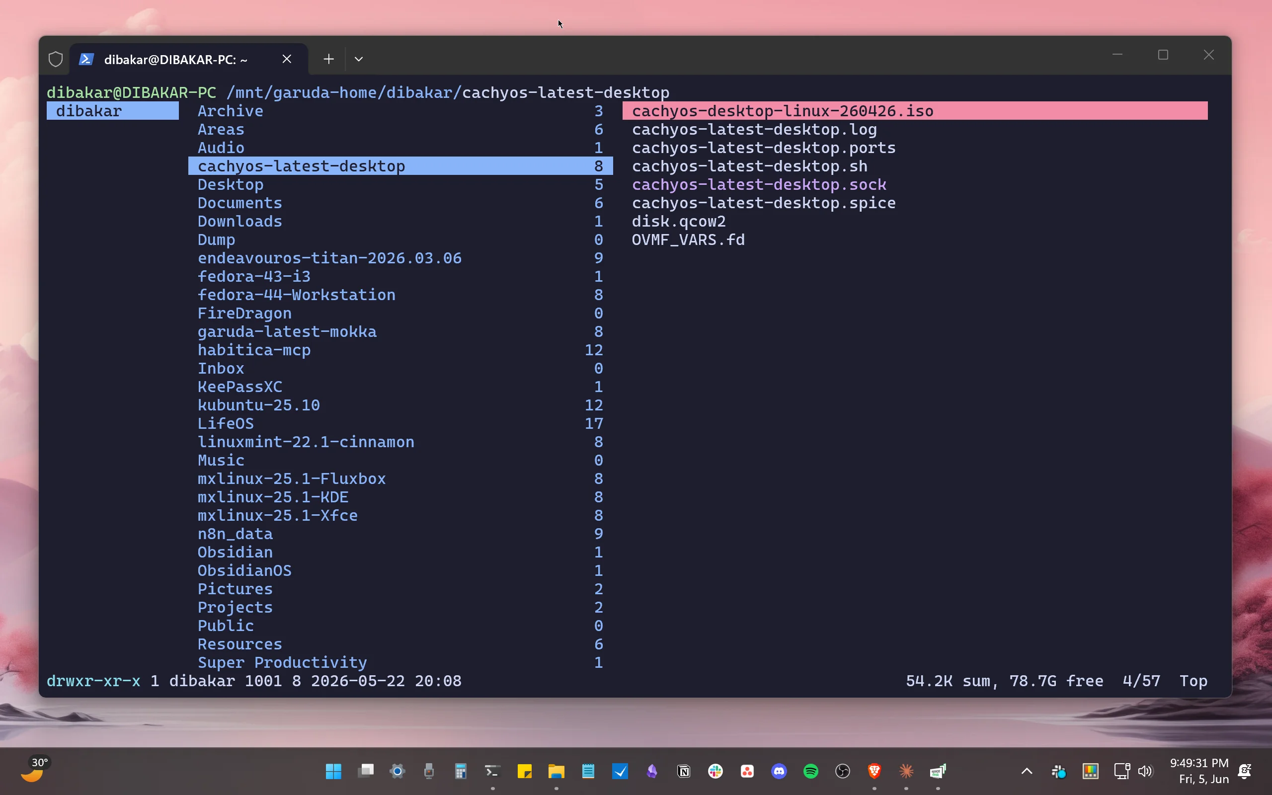 The Midnight Commander file manager inside WSL showing the Garuda Linux home directory with the dibakar user folder and its contents.