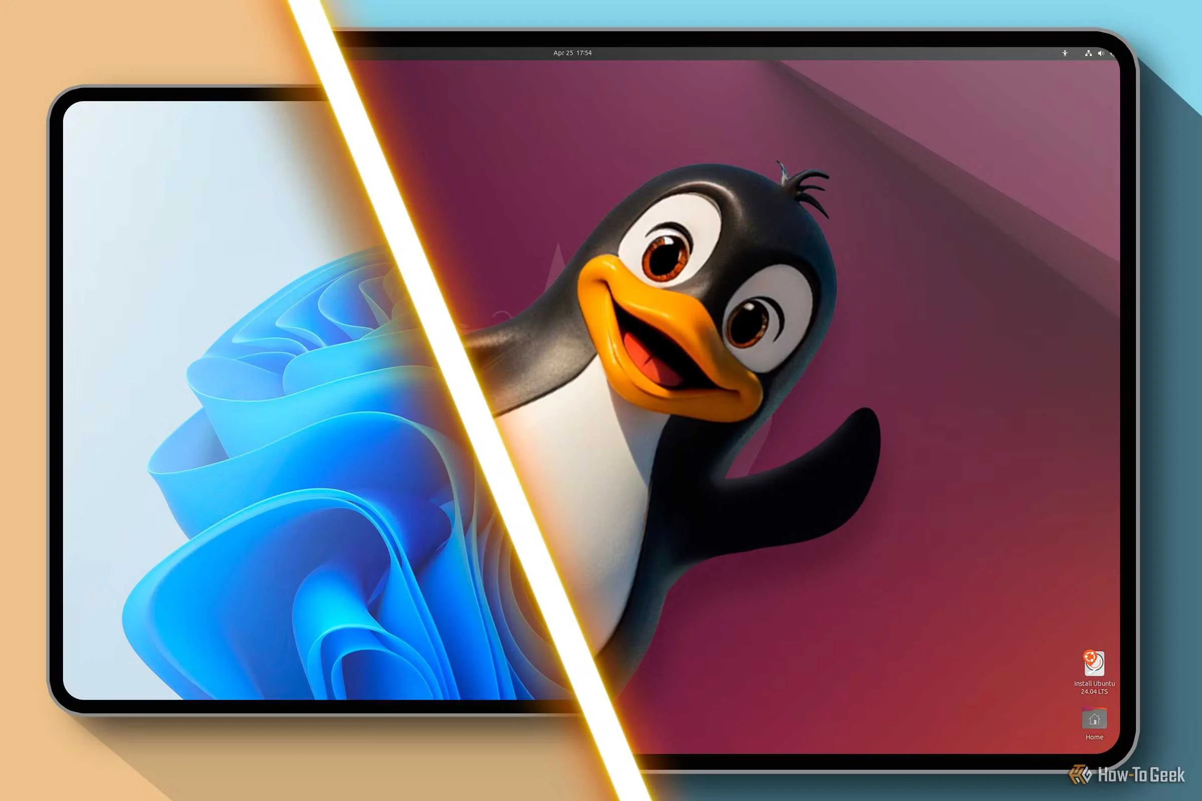 A split-screen with Windows 11 on the left and Linux on the right with Tux.