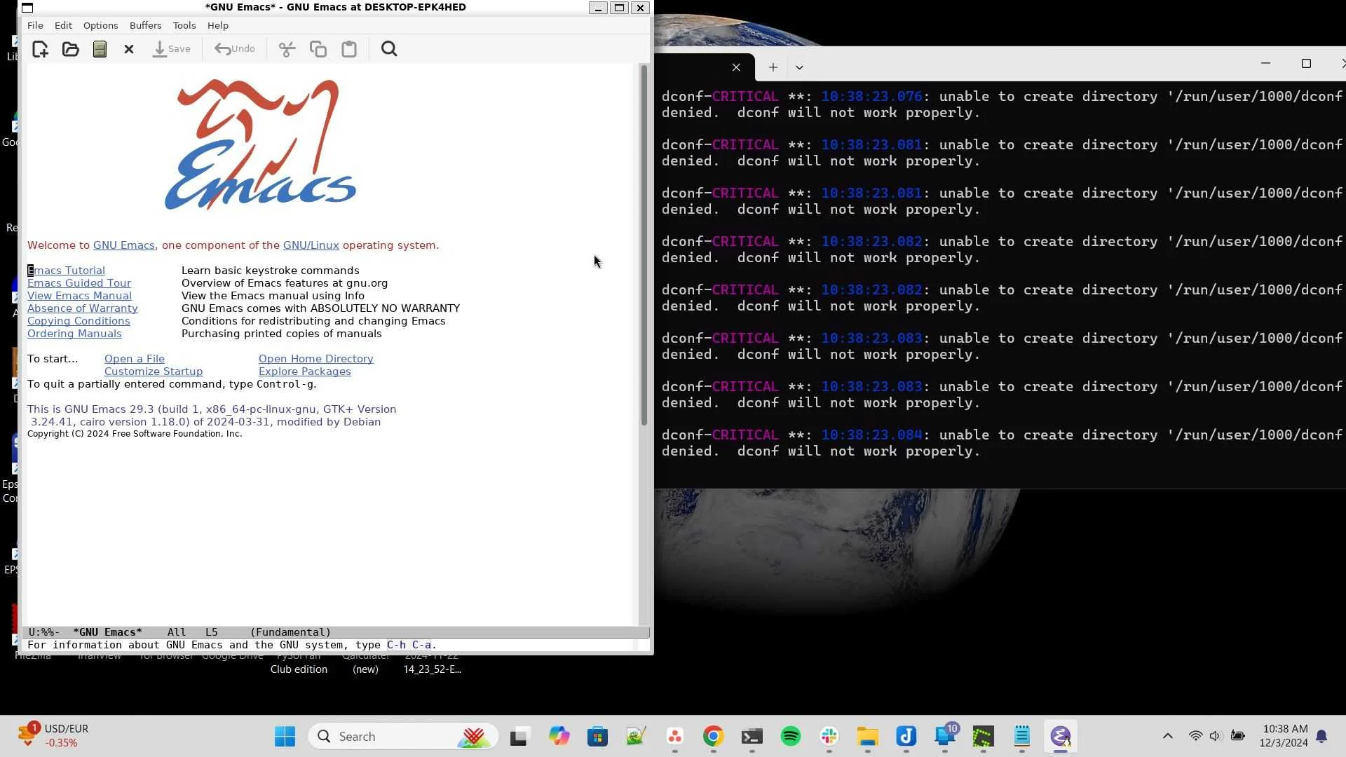 GNU Emacs launched from WSL.