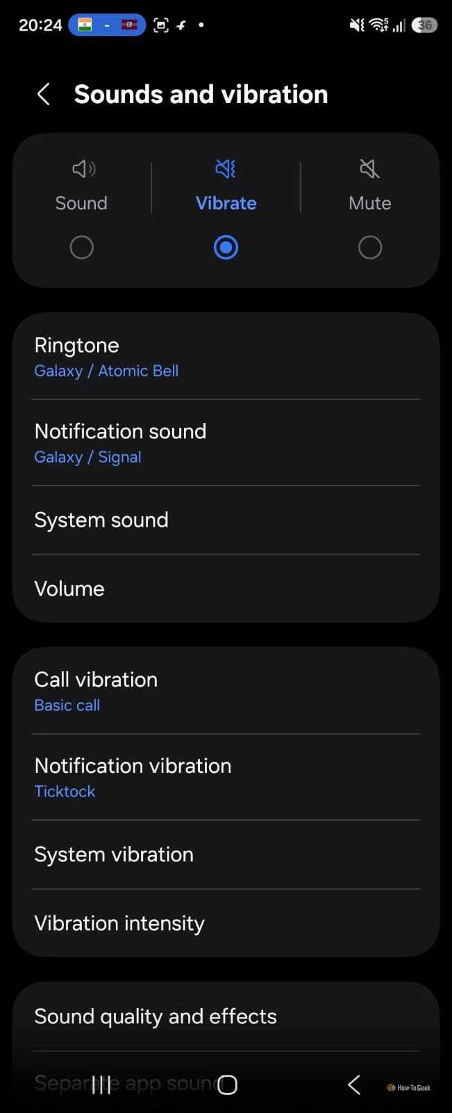 Sounds and vibration settings