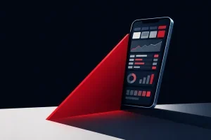 Abstract smartphone behind a red regulatory barrier representing scrutiny of sportsbook AI and bettor protection.