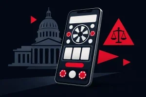 Smartphone with an abstract sweepstakes game beside a Wyoming capitol silhouette