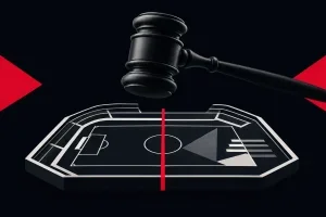 Editorial illustration of a courtroom gavel over an abstract sports field representing a Florida betting lawsuit.