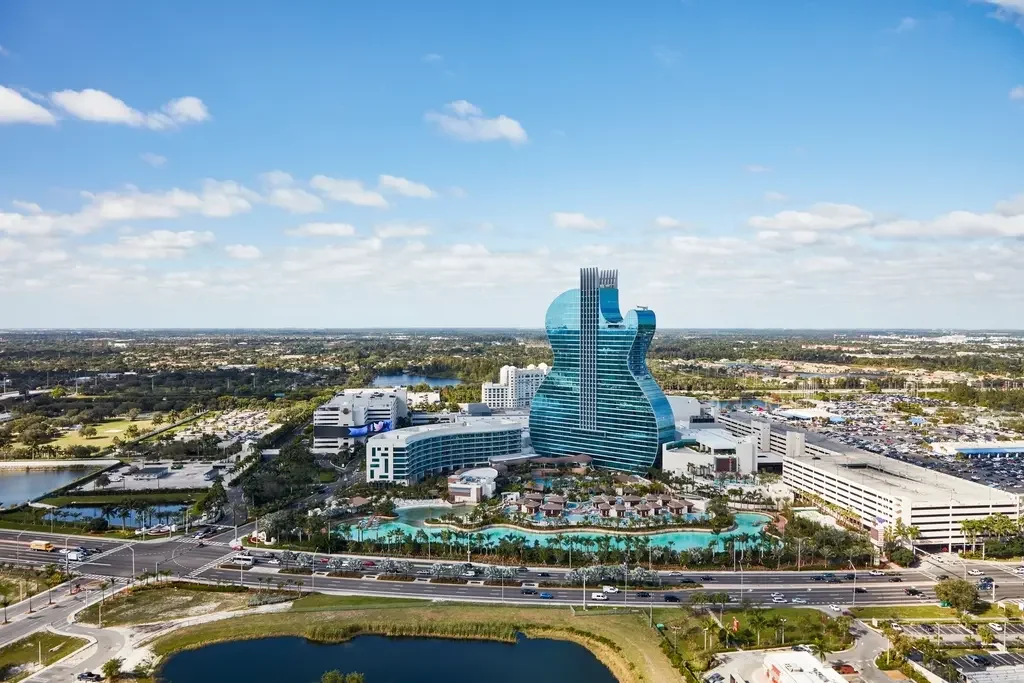 Aerial view of the guitar-shaped hotel tower at the Seminole Hard Rock Hotel & Casino Hollywood.