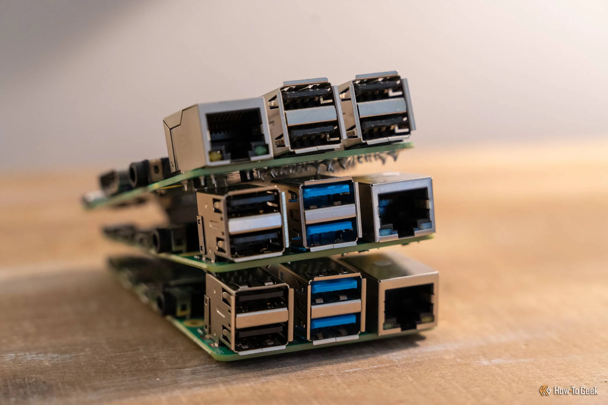 Stacked Raspberry Pi boards showing Ethernet and USB ports from the side.