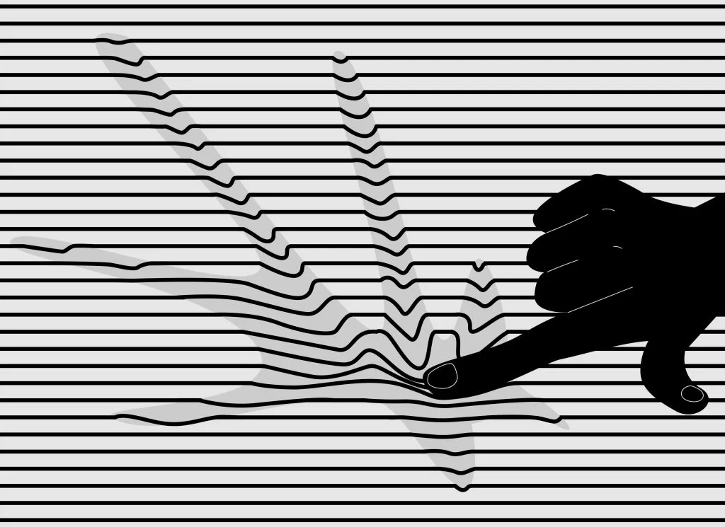 Black silhouette of a hand pinching a set of horizontal black lines, pulling them so they warp into the gray outline of an open hand.