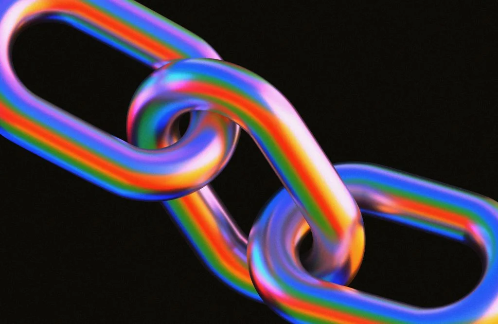Iridescent 3D chain links interlocking on a black background, glowing with rainbow chrome reflections