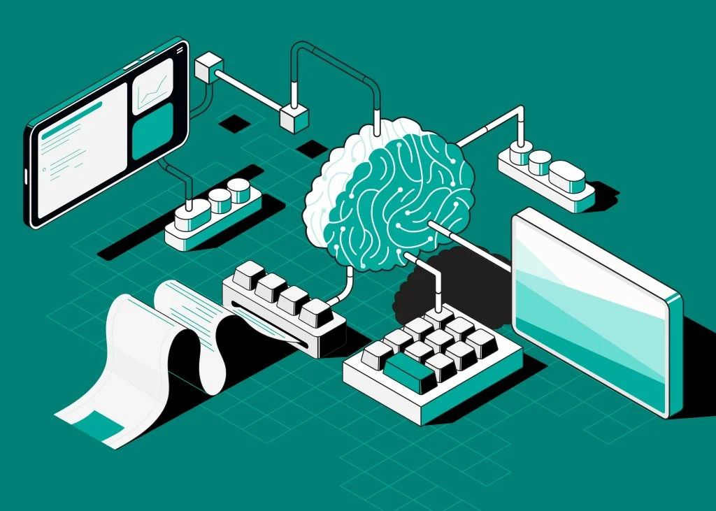 Illustration of a brain wired to a tablet, keypads, buttons, a monitor and a scrolling document on a teal grid background.