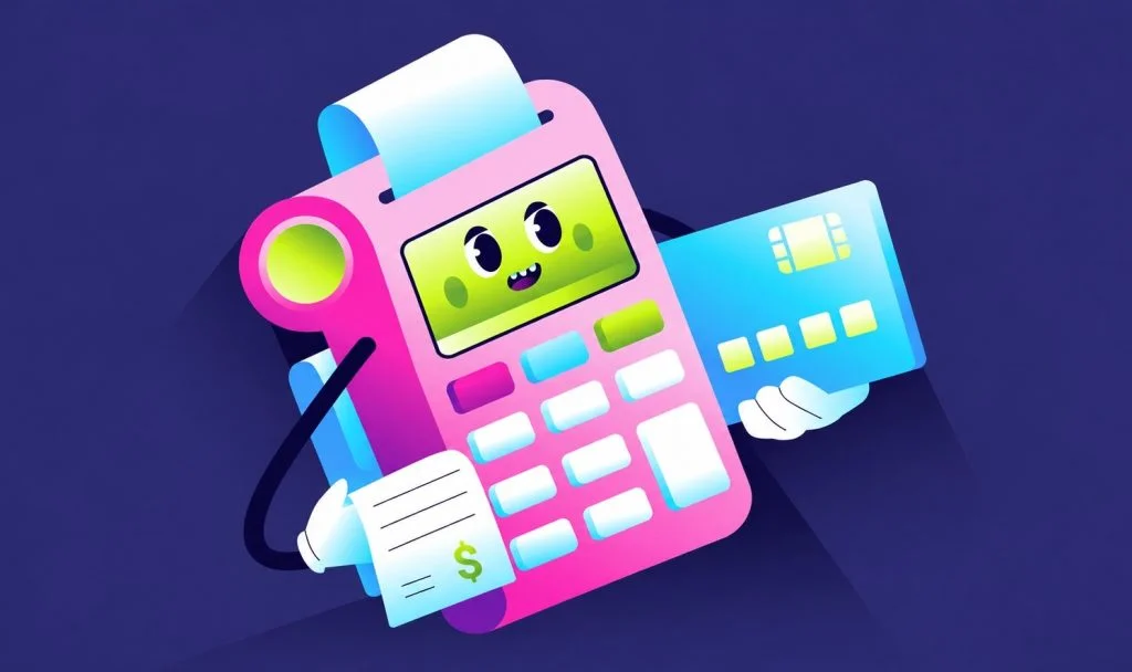 Cartoon card machine printing a receipt, illustrating subscription pricing.