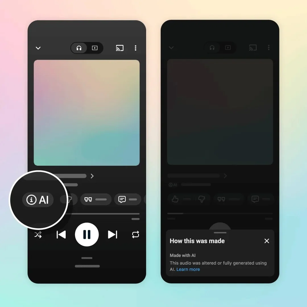 Simulated screenshots of the YouTube Music app showing where the AI label and info will be